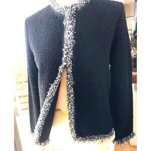 Nina Leonard Womens Knit Boucle Fringe Open Dressy Jacket Size M Black White
